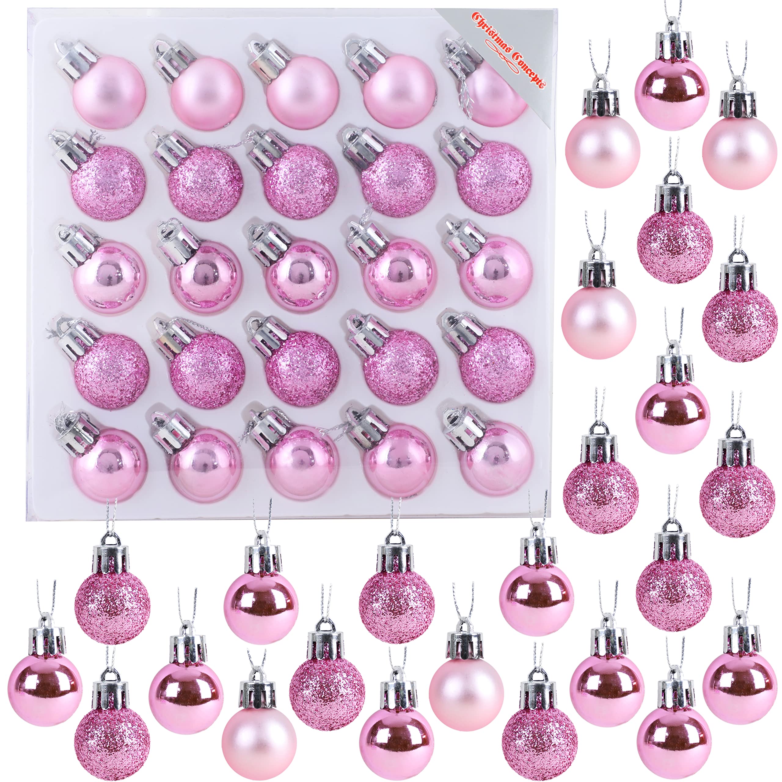 Christmas Concepts® Pack of 25-25mm (1") Mini Christmas Tree Baubles - Shiny, Matte & Glitter Decorated Baubles (Baby Pink)
