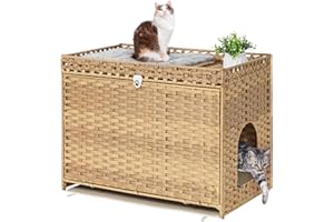 HONIAKAKA Cat Litter Box Enclosure with Soft Litter Mat; Hidden Cat Washroom Furniture with Door; Handwoven Rattan Kitten House with Large Space; Pet Crate for Living Room, Bedroom, Balcony (Natural)