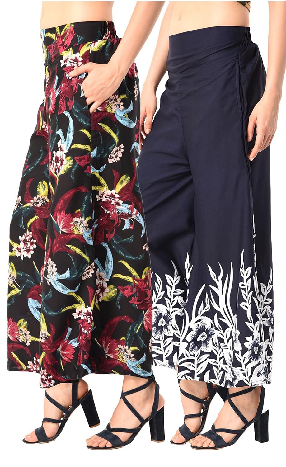 nitikali ladies printed poly crepe palazzo with short style inner lining & 20 inch wide bottom (2 pcs combo)