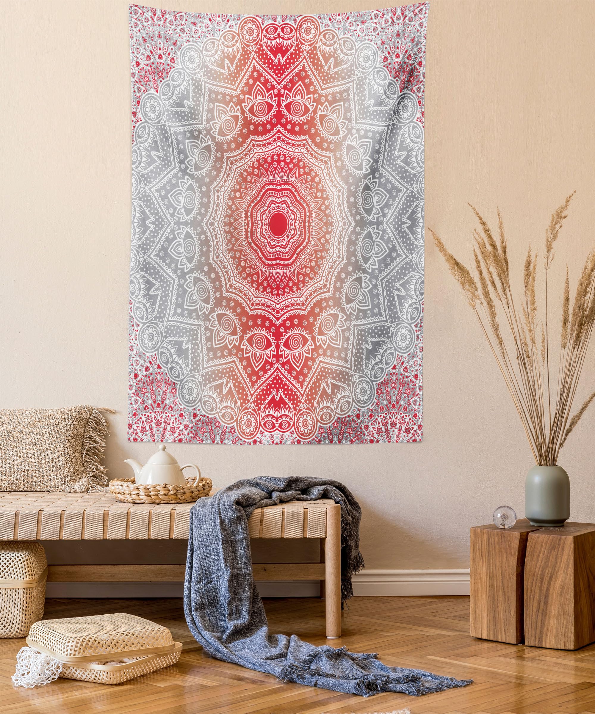 ABAKUHAUS Grey and Red Tapestry, Ethnic Eastern Cultural Folk and Mystic Boho Zen Ombre Mandala Art Design, Fabric Wall Hanging Decor for Bedroom Living Room Dorm, 58 W X 43 L, Grey and Red