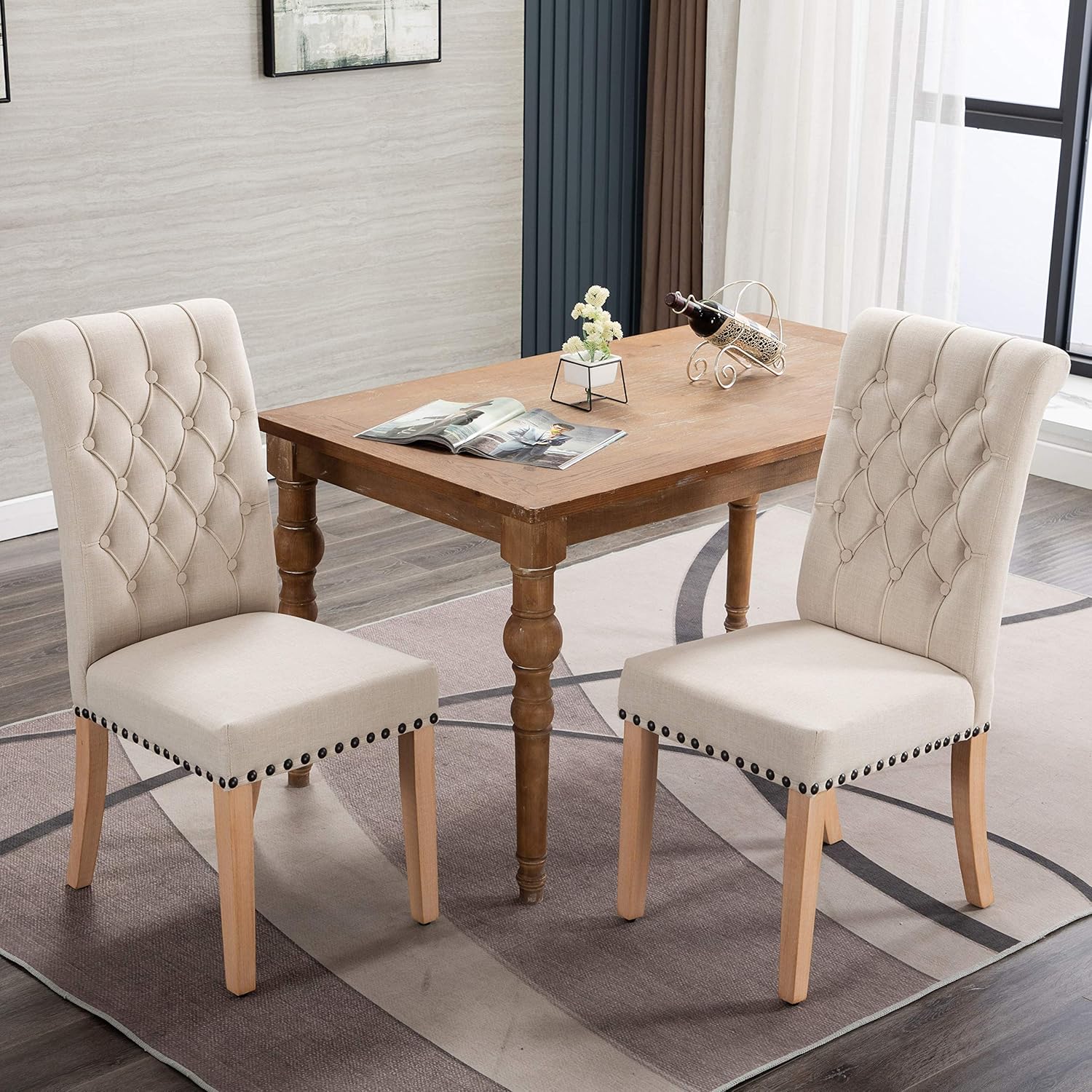 Luxuriour Fabric Dining Chairs, Pekko Kitchen Room with Copper Nails and Solid Wood Legs Set of 2 (Beige+A) - Chairs