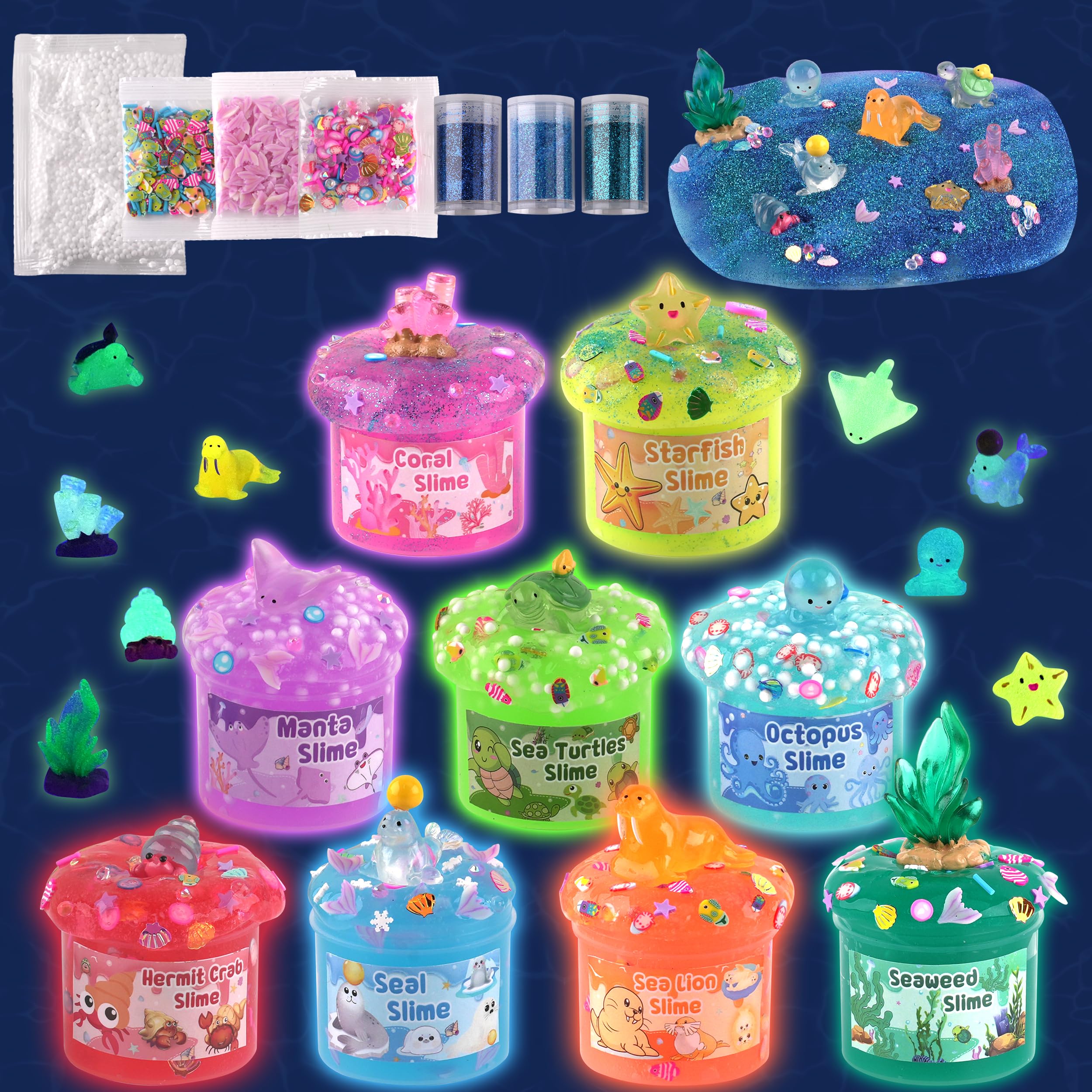 Ocean Glow in the Dark Slime Kit 9 Pack, with Deep Sea Slime Charms, Sensory DIY Rainbow Slime for Kids, Glow Party Favors for Girls & Boys, Halloween