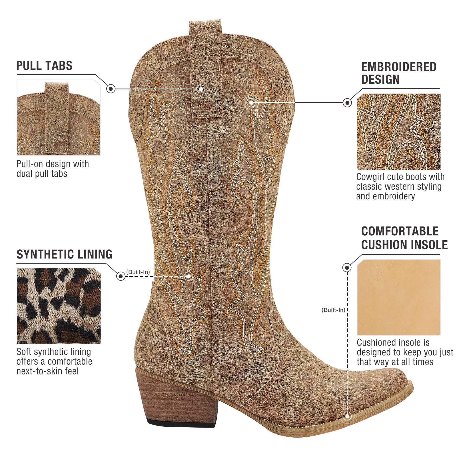 HISEA Rollda Cowboy Boots for Women, Cowgirl Boots, Comfortable Western Boots with Pointed Toe Stitched Embroidery for Country Concert Dancing Wedding Traveling Daily Outfits
