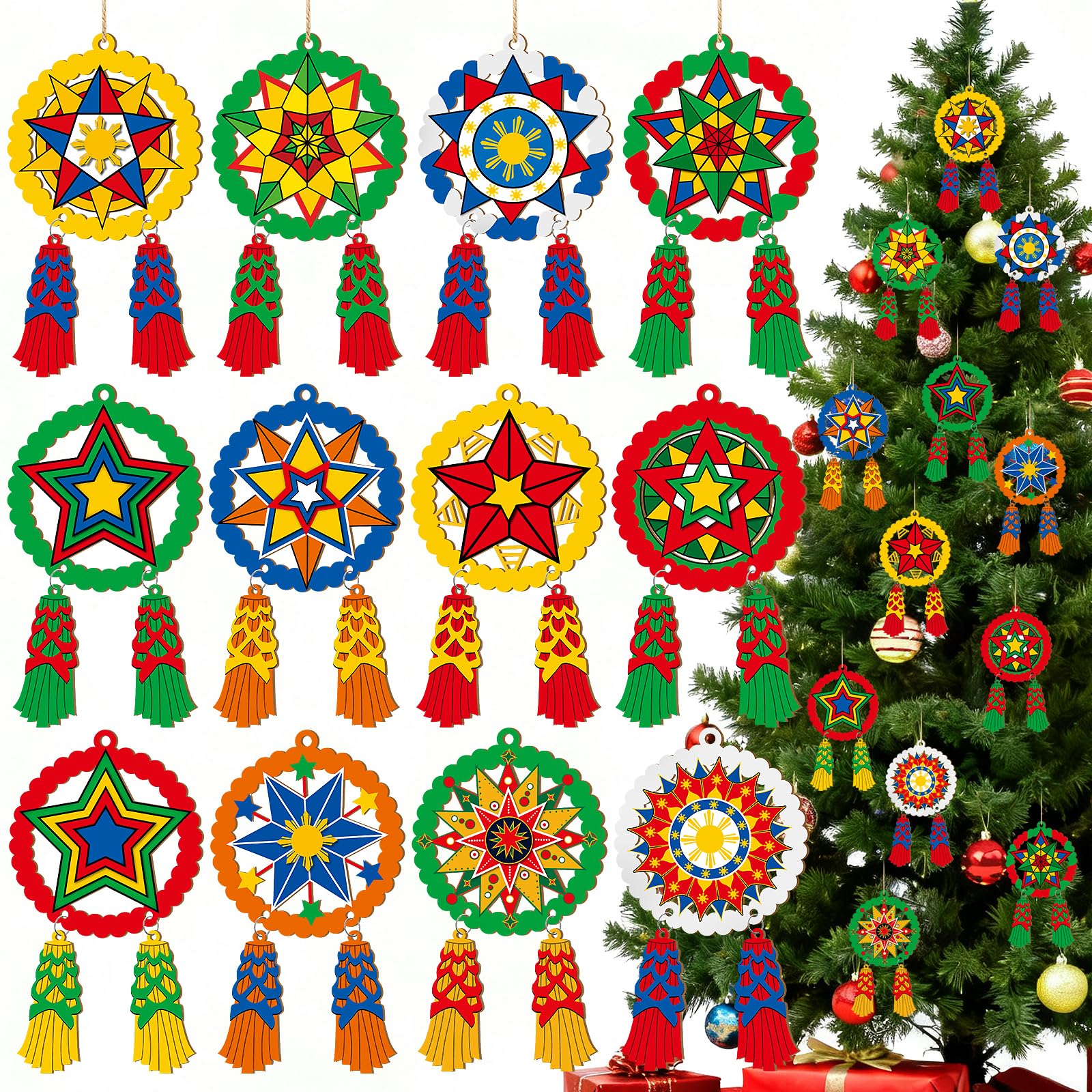Photo 1 of 24 Pcs Christmas Parol Lantern Filipino Wooden Philippine Christmas Ornaments for Tree Decorations Hanging Ornaments Traditional Capiz Star Pendant Sign for Xmas Gift Home Window Holiday Decor Navidad