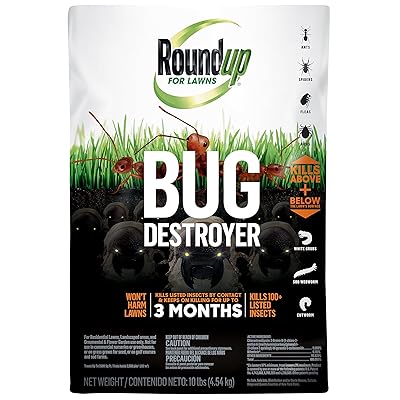 Roundup for Lawns Bug Destroyer Granules, 10 lb - Tue Fourmis, Araign&eacute;es, Puces, Larves, Tiques et Autres Insectes - Tue Au-dessus et Au-dessous de la surface de Lawn - Ne Tera pas les Pelouses - Traite jusqu'&agrave; 2 500 pieds carr&eacute;s