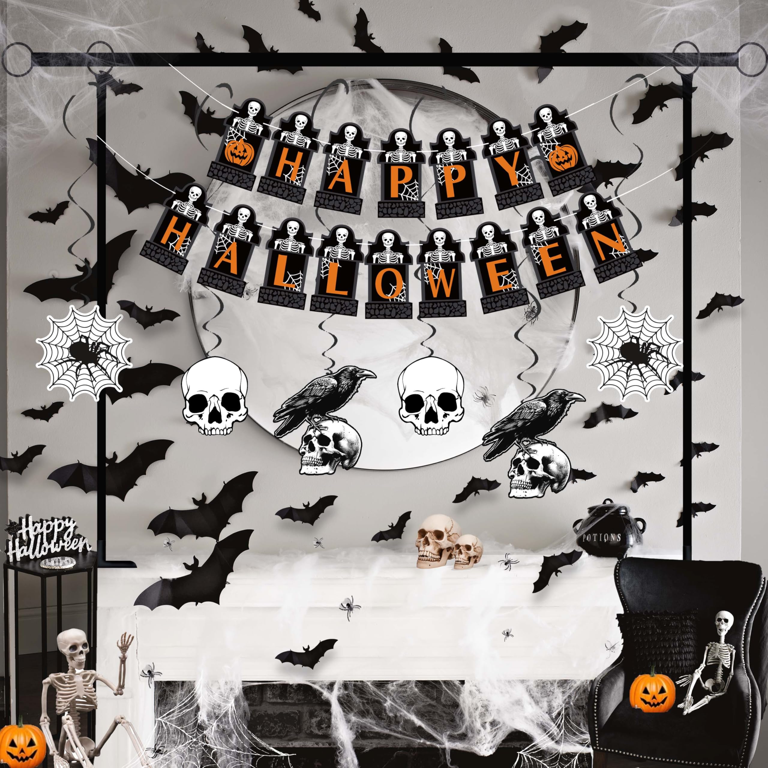 Photo 1 of Halloween Party Decorations Set with Over The Table Rod Stand with Clamps,pskeleton,spider web Banner, Hanging Swirls,Tablecloth