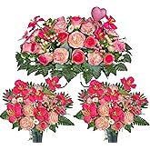 HENOMO Artificial Cemetery Flower Bouquet with Grave Vase and Headstone Flower Saddle for Tombstone Decoration-Tulips in Bloom Pink Ranunculus,Easy Fit and Colorfast