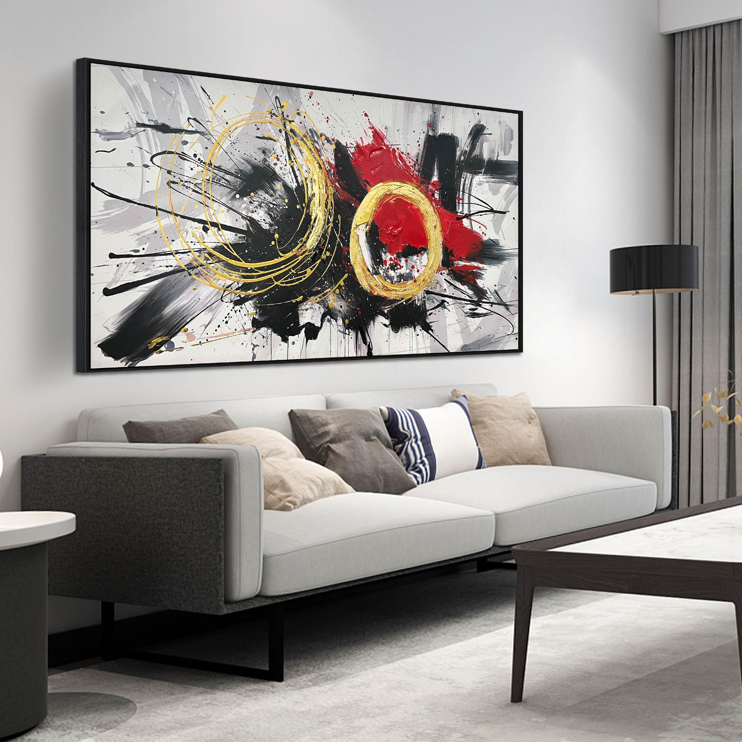 Photo 1 of HUBOSKN Abstract Large Pictures for Living Room - Modern White and Black Hand Painted for Office - Framed Canvas Wall Art for Bedroom Size 29" x 59"