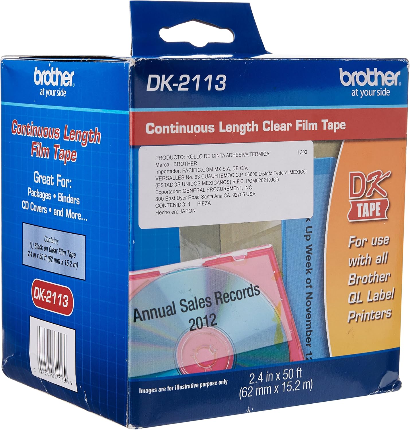 Brother Genuine DK-2113 Continuous Length Black on Clear Film Tape for Brother QL Label Printers, 2.4" x 50' (62mm x 15.2M), 1 Roll per Box, DK2113 : Labeling Tape : Office Products