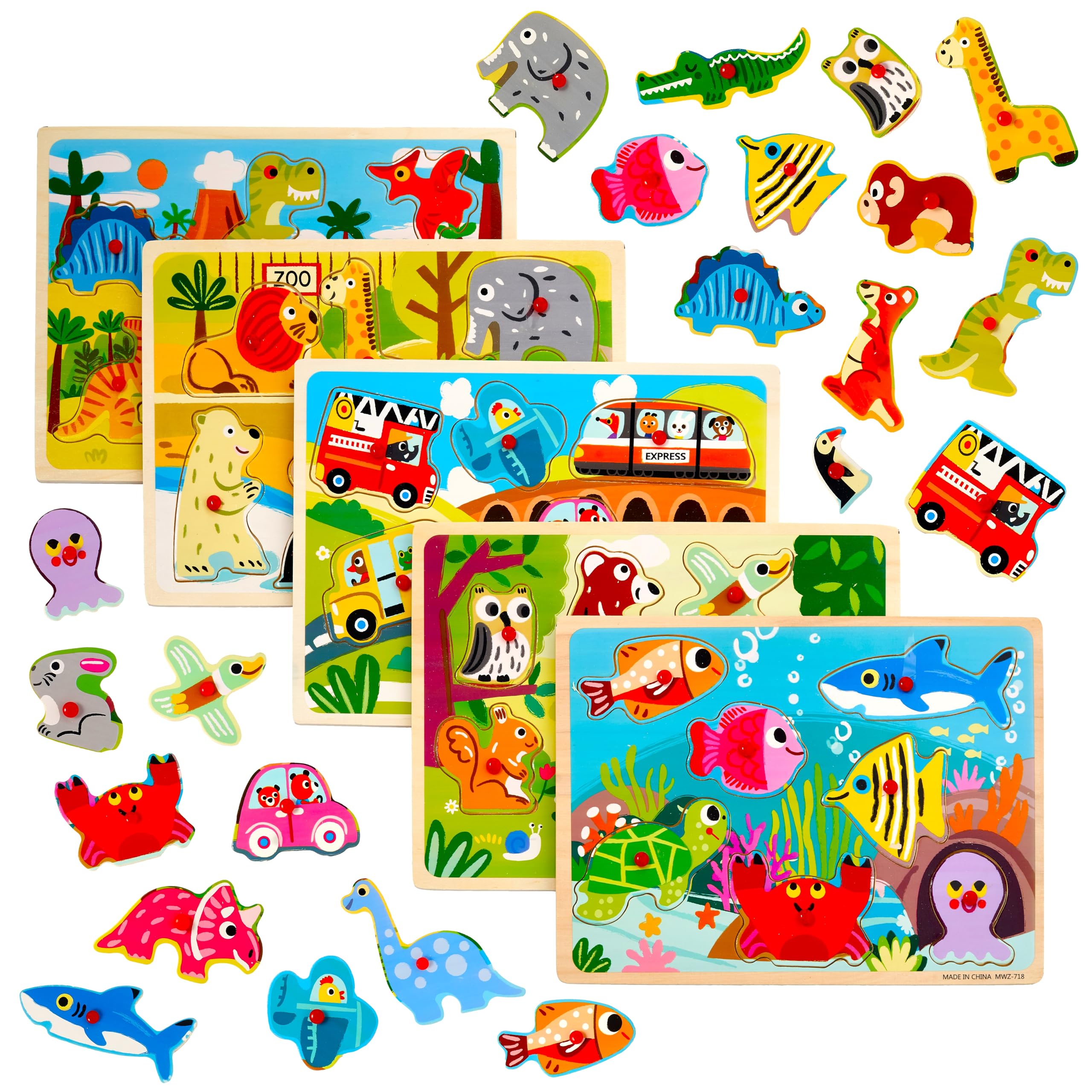 THE TWIDDLERS 5 Bright Coloured Wooden Jigsaw Peg Puzzles for Early Education, Perfect Kids Jigsaw Puzzles for School Classrooms, Home, Travel