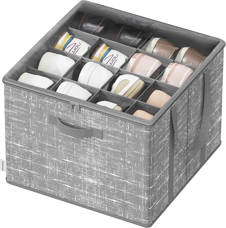 Organizador de Zapatos, para hasta 16 Pares, Caja para Guardar Zapatos, Asas, Tapa Transparente, para Armario Entrada Dormitorio, Gris Espadaña LSP601G01