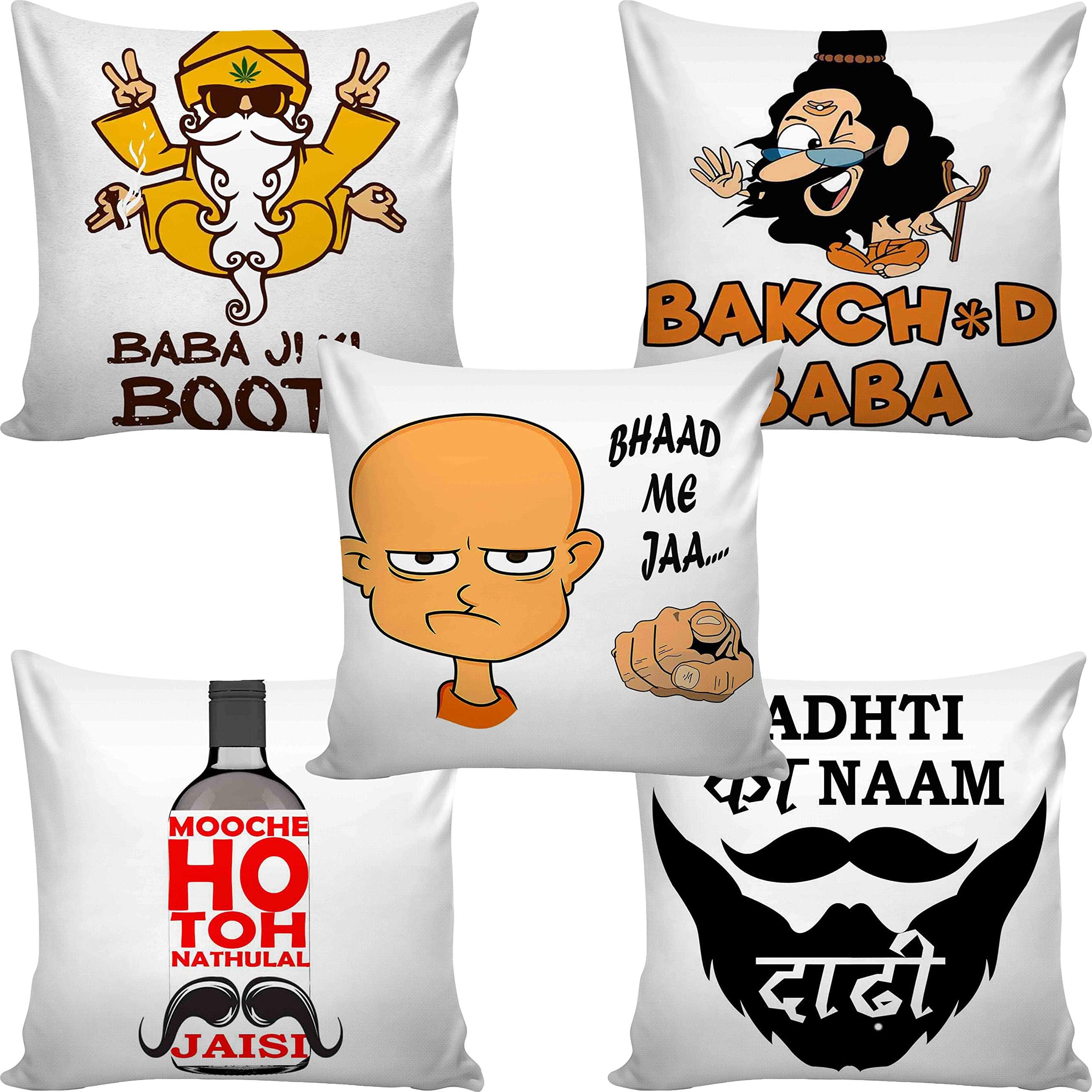 b7 CREATIONS Friends Collection Digital Printed Jute Cushion Cover (White,16 x 16 inch) - Set of 5