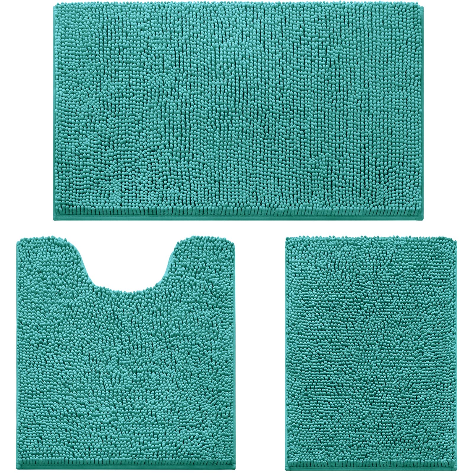 HOMEIDEAS 3 Pieces Bath Mat Set, Soft Chenille Bathroom Rugs Mat, 3X Absorbent Spa Shaggy Bath Rugs Set, Machine Washable & Non Slip Bath Mats for Bathroom, Tub, Shower（Turquoise）