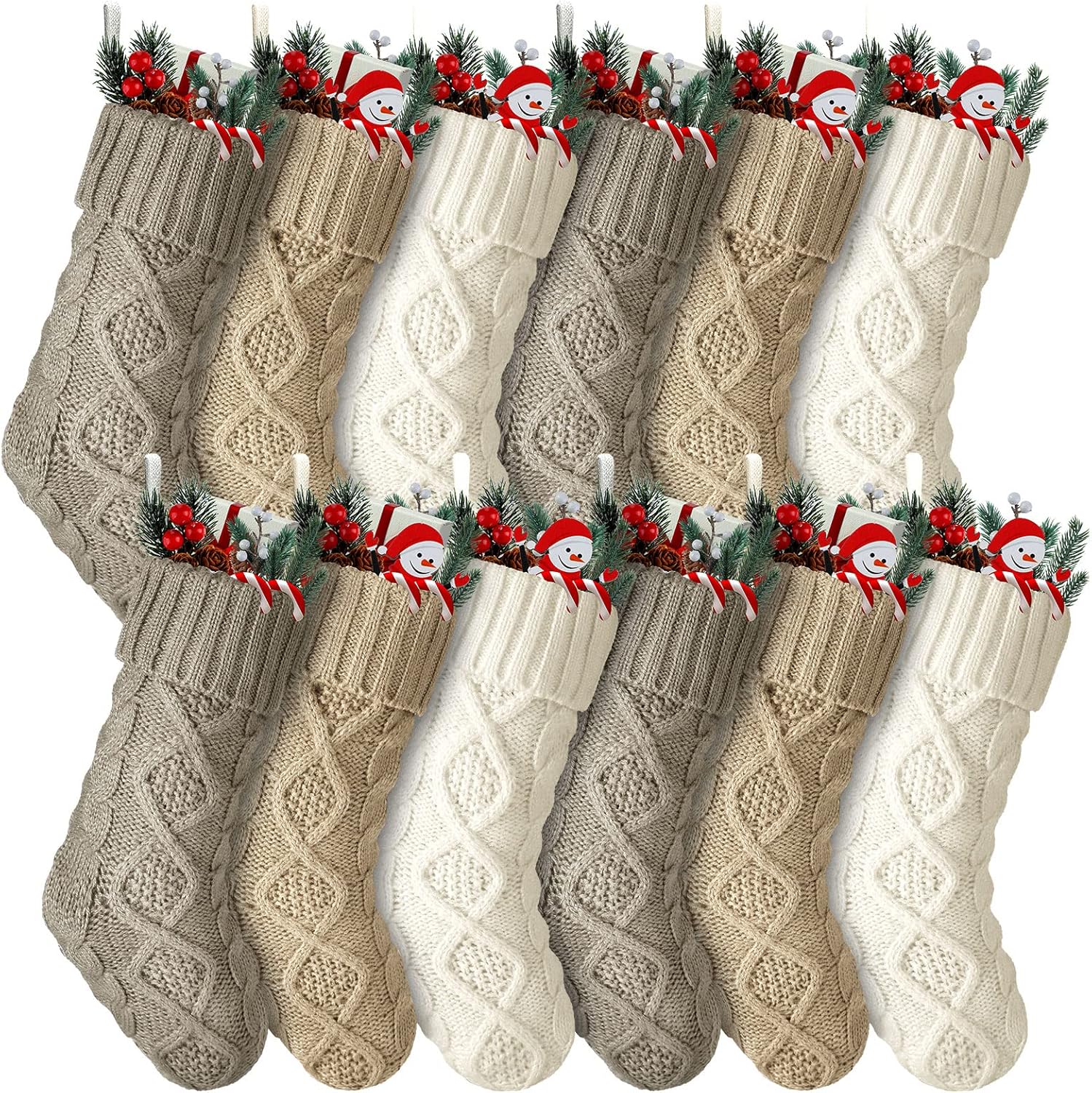 Stockings & Holders - Christmas Stockings Mini Knitted Xmas Socks 8.3 Inches Vintage Mini Christmas Socks Rustic Socks Double Sided Fireplace Hanging Stockings for Family Christmas Decoration (White, Beige, Gray, 12 Pcs)