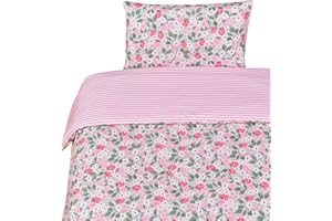 J-pinno Pink Strawberry Girls Cartoon Duvet Cover + Pillowcase Set, Zipper Closure, 100% Cotton, for Kids Crib Toddler Bedding Decoration Gift (Strawberry, Crib 47" X 59")