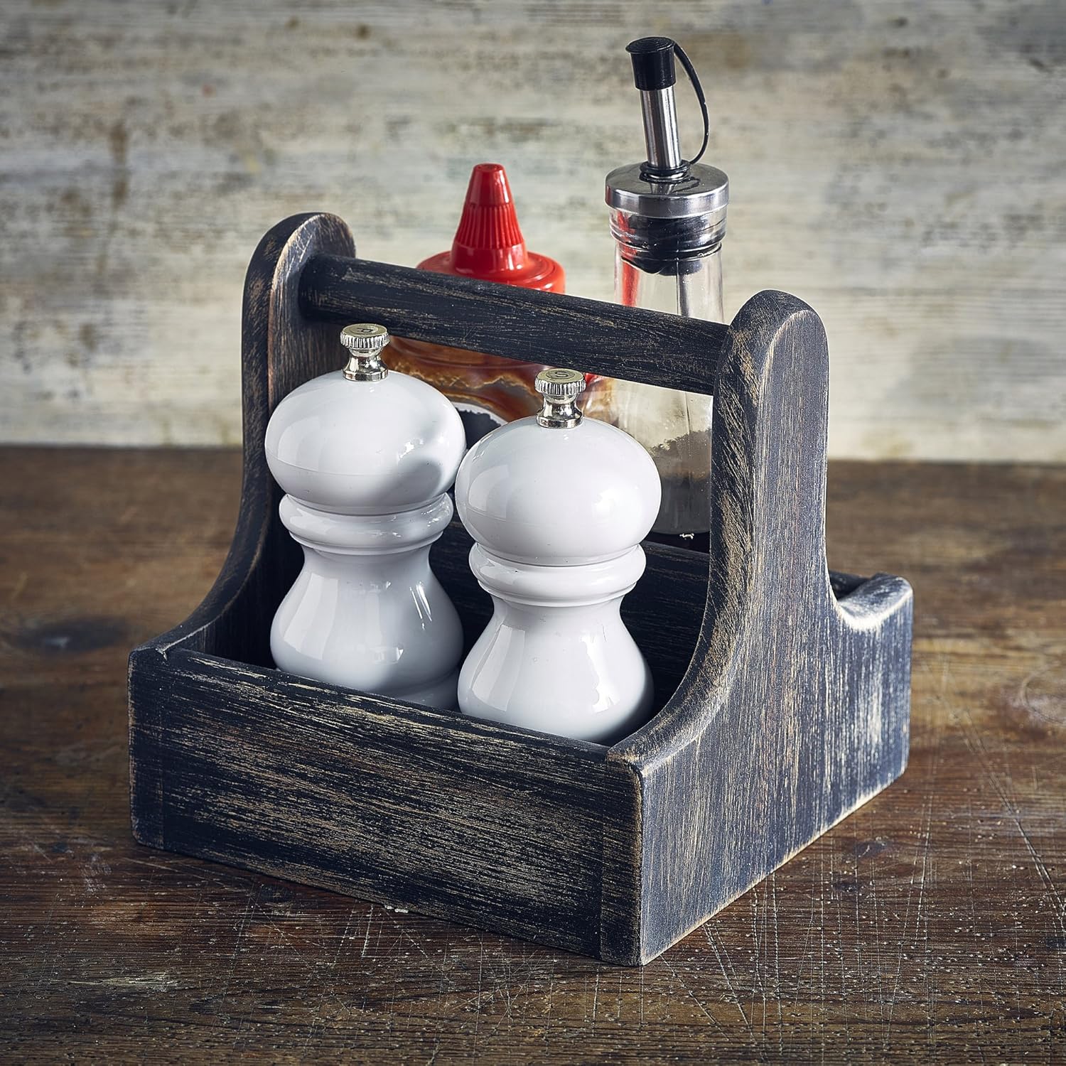 Genware Small Wooden Table Caddy Black Condiment Caddy, Table Tidy