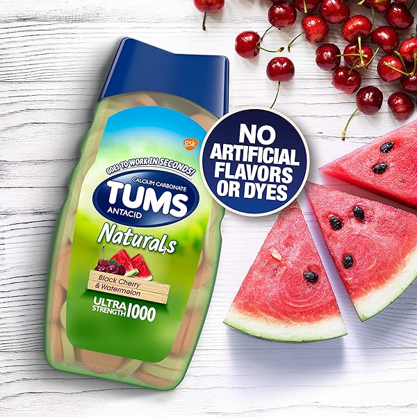 TUMS NATURALS ULTRA STRENGTH ANTACID CHEWS FOR HEARTBURN RELIEF, GREAT FOR A SUMMER BBQ – BLACK CHERRY & WATERMELON – 190 COUNT