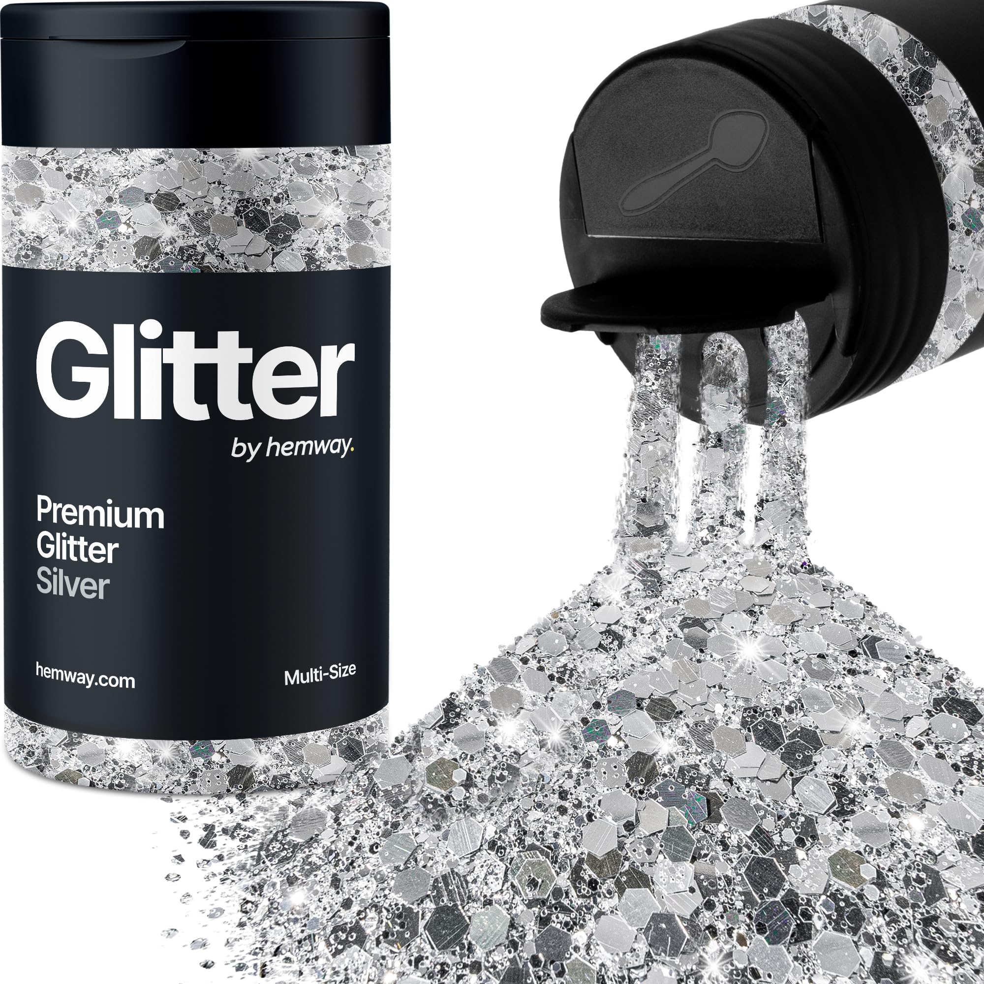 Hemway Silver Glitter Shaker, 120g Multi Size Glitter for Crafts Metallic Flake Sequins for Resin & Epoxy Crafts for Decorating, Halloween, Christmas, Nail, Face, Bunting, Art, Pots