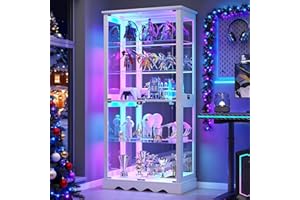 Dystler Glass Display Cabinet with RGB Light, 5-Tier Curio Cabinet for Collectibles, Display Case with Removable Shelves, Human Sensor Design, White