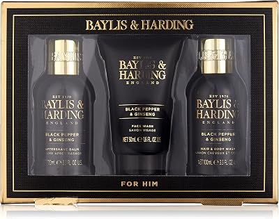 Baylis & Harding Men's Black Pepper Ginseng Hair Body Wash Face Balm Travel Set