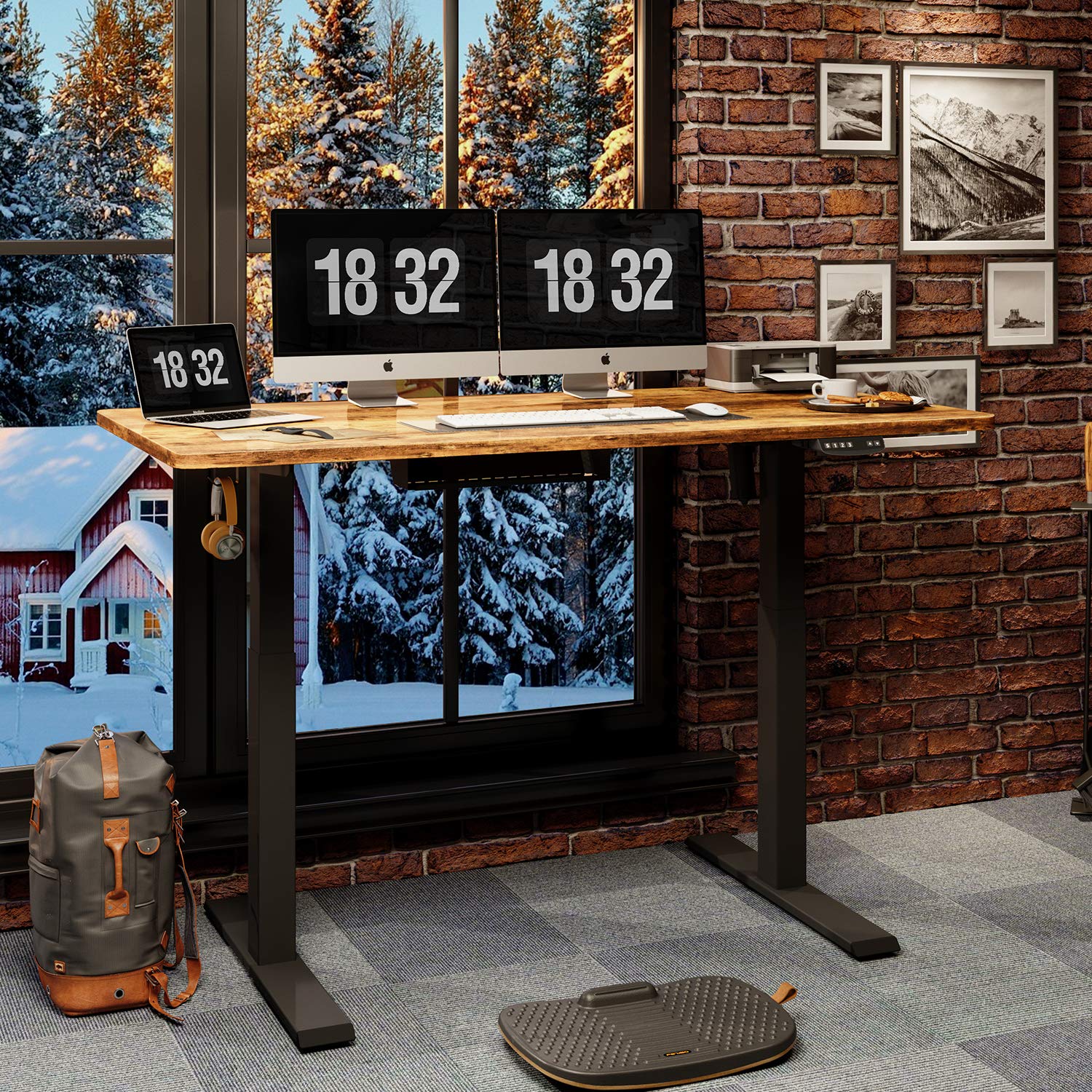 FEZIBO Height Adjustable Electric Standing Desk, 63 x 24 Inches Stand Up Table, Sit Stand Home Office Desk with Splice Board, Black Frame/Rustic Brown Top