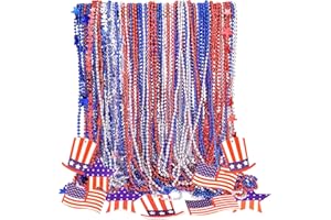 RBONIGHT 4th of July Necklace Accessories, 69PCS Fourth of July Red White Blue Beaded Necklace, Patriotic Independence Day Parade Jewelry, Patriotic Party Favors Set for Kids Adult