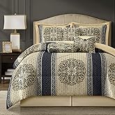 LANCO MODERN LIFESTYLE California King Comforter Set, Navy Medallion Jacquard Design, Luxurious Bohemian 7 Pieces Bedding Set with Decorative Pillows and Bed Skirt