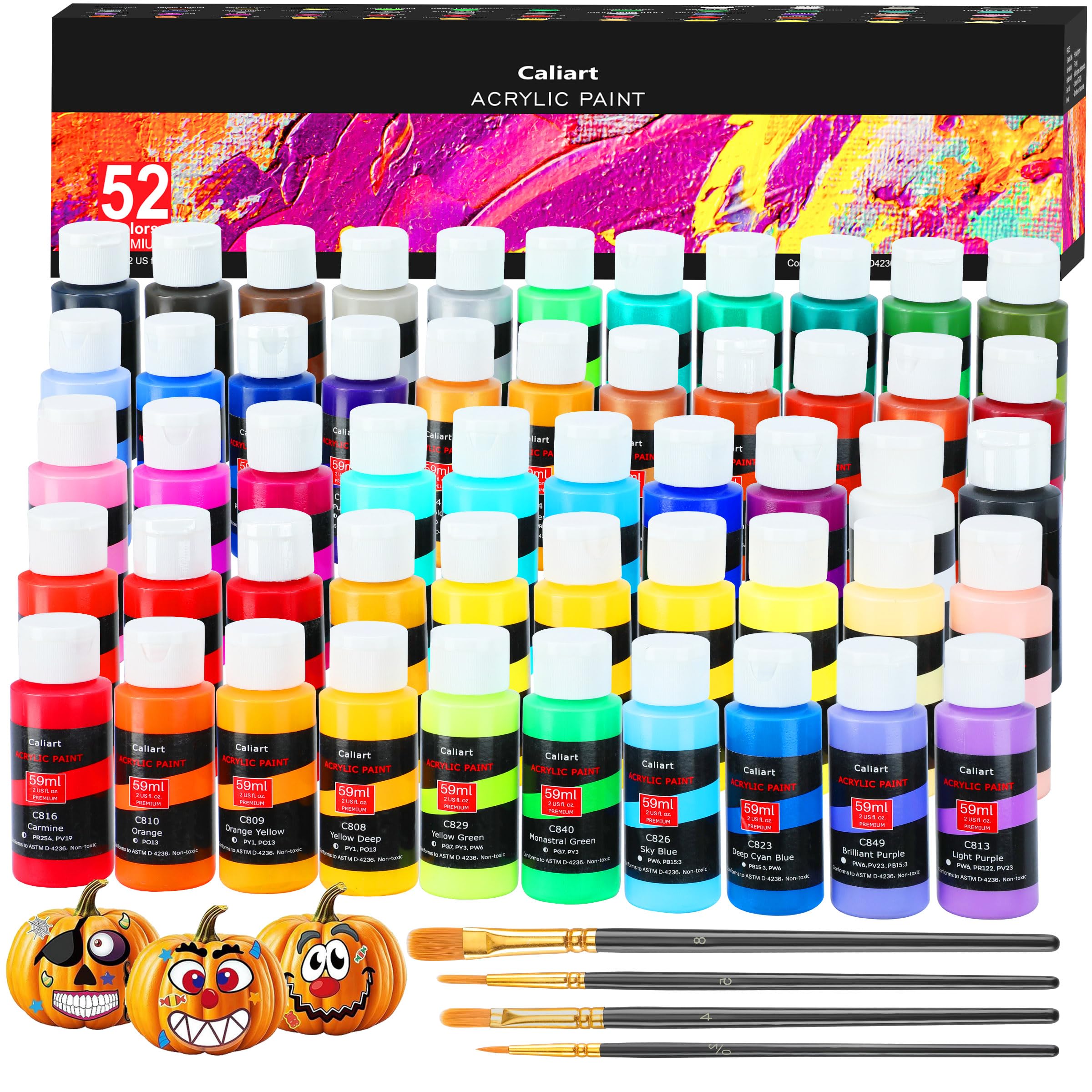 Caliart Acrylic Paint Set, 52 Colors (2oz/Bottle) with 4 Brushes, Art Craft Paints for Artists Kids Adults Students Beginners, Canvas Halloween Pumpkin Ceramic Wood Fabric Rock Painting Supplies Kit