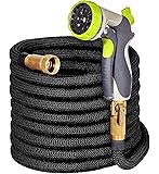 50ft Expandable Garden Hose - IMPROVED Water Hose with Double Latex Core, 3/4" Solid Brass Fittings, Extra Strength Fabric - Flexible Expanding Hose with Zinc Alloy 8 Function Spray Nozzle by Hospaip