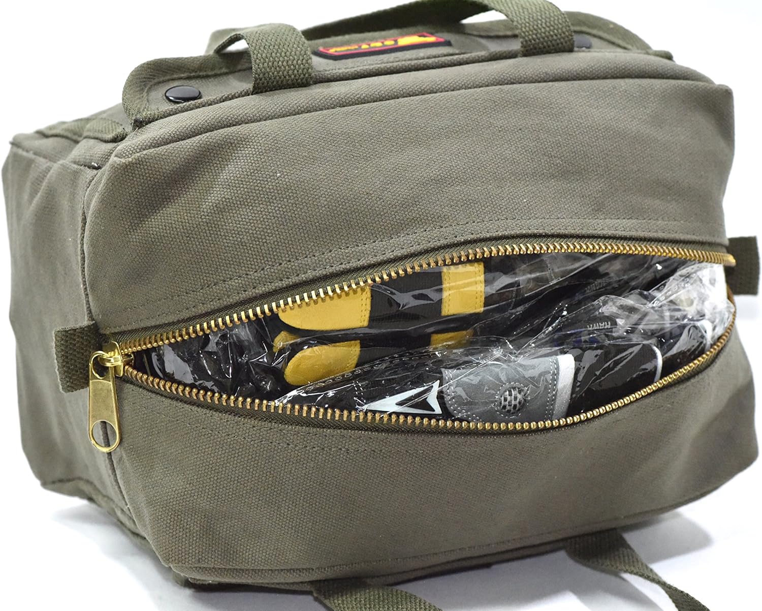 Government Issued Style Mechanics Heavy Duty Tool Bag with Brass zipper and side pockets, tool bag for cars, drill, garden, and electrician. Olive Green: Sports & Outdoors