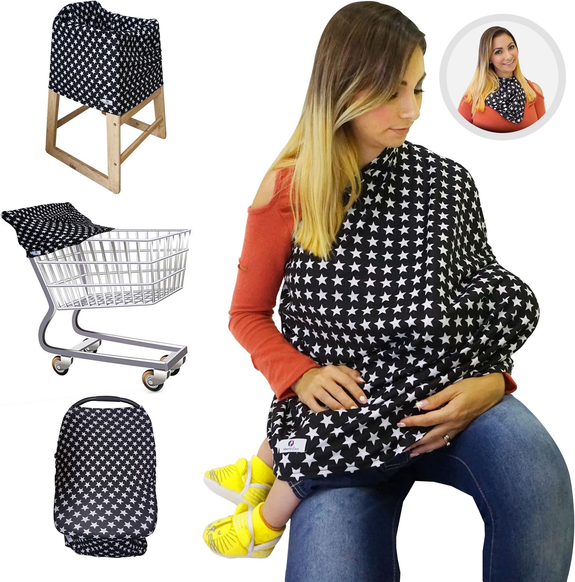 Nursing Breastfeeding Cover/Scarf + Baby Car Seat Cover/Canopy + Shopping Cart/Stroller Cover + High Chair Cover for Infant Girls and Boys. Best 4 in 1 Multi Use Stretchy Covers (Stars)