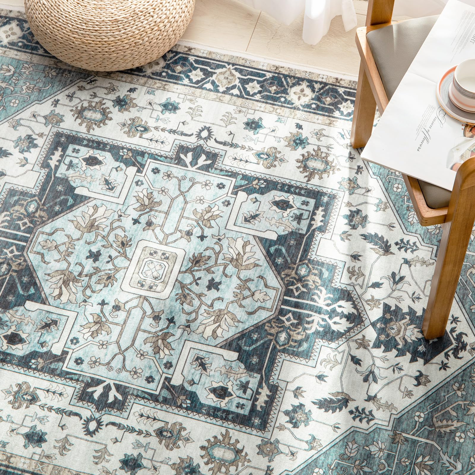 Carvapet Hallway Runner Rug 90x150cm Non Slip Long Carpet Floor Mat Washable Thin Area Rug Atrium Vintage Medallion Floor Rugs for Living Room Corridor Kitchen(Blue)