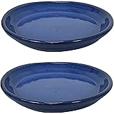Sunnydaze 9-Inch Ceramic Plant Saucers - Plant Drip Trays for Outdoor Planter Flower Pot Drainage - Set of 2 - Imperial Blue