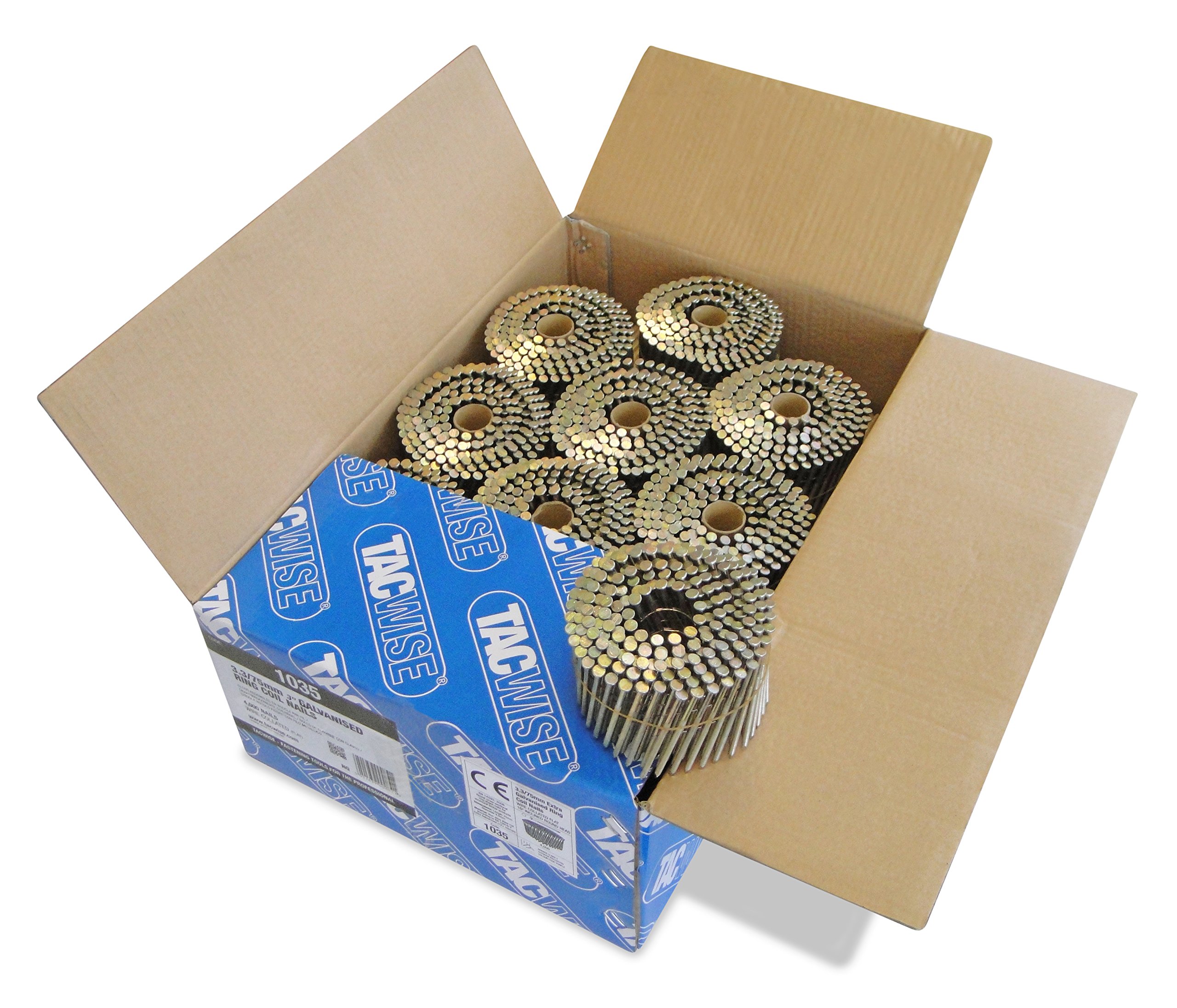 Tacwise 1035 Extra Galvanised Flat Top Coil Nails Type 3.3 x 75 mm, Diamond Point, Ring Shank, 16° Inclined, Wire Collated, Pack of 4000