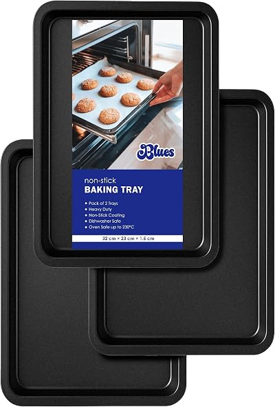 BLUES Set of 3 Non Stick Baking Trays 32 cm Heavy Duty Oven Tray