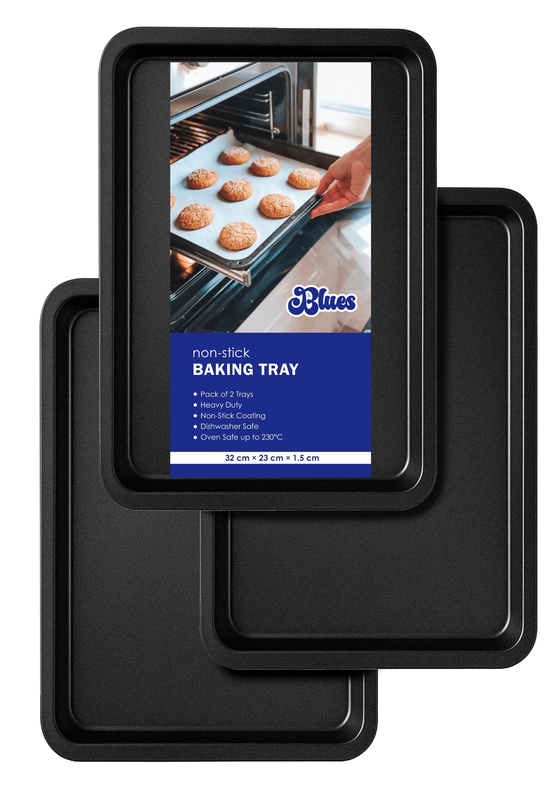 Non Stick Baking Tray Set of 3 – 32cm Oven Tray Set, Baking Sheet & Cookie Sheet, Heavy Duty Roasting Tray, Dishwasher Safe Easy Clean Bakeware by BLUES®