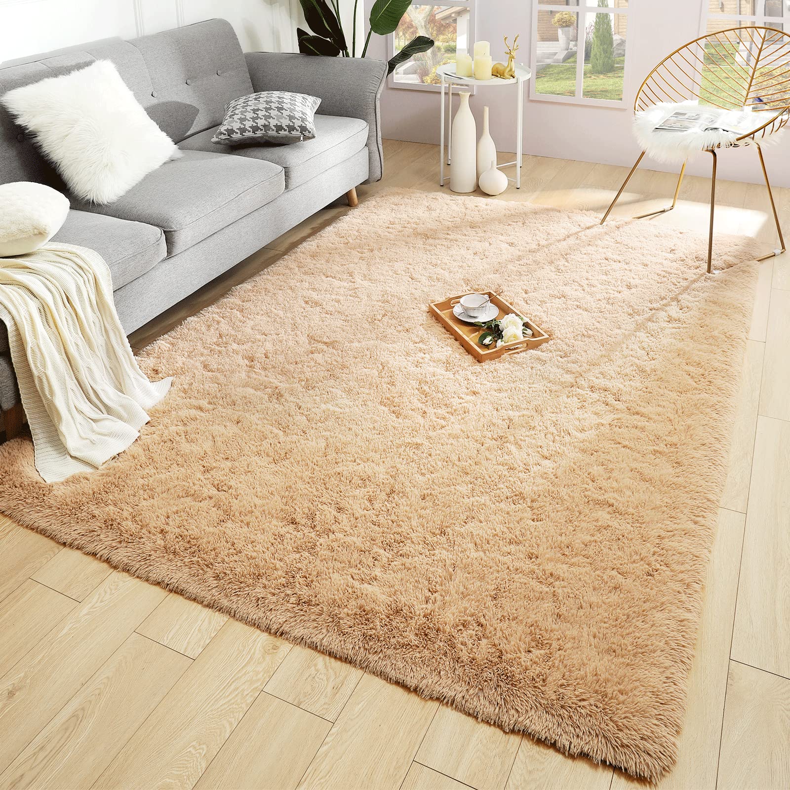 Photo 1 of Merelax Soft Modern Indoor Large Shaggy Rug for Bedroom Livingroom Dorm Kids Room Home Decorative, Non-Slip Plush Fluffy Furry Fur Area Rugs Comfy Nursery Accent Floor Carpet 5x8 Feet, Light Tan