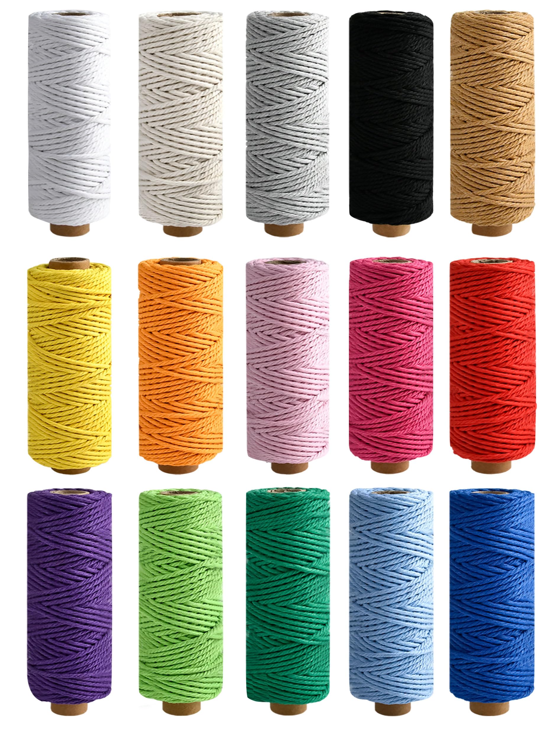 Akamino 15 Rolls Colored Macrame Rope,4 Strand Twiste Soft Cotton Cord,3mm x 480 Yards Natural Cotton Craft Macrame Cord for Handmade Crafts, Wall Hanging, Home Decorations,Gift Wrapping