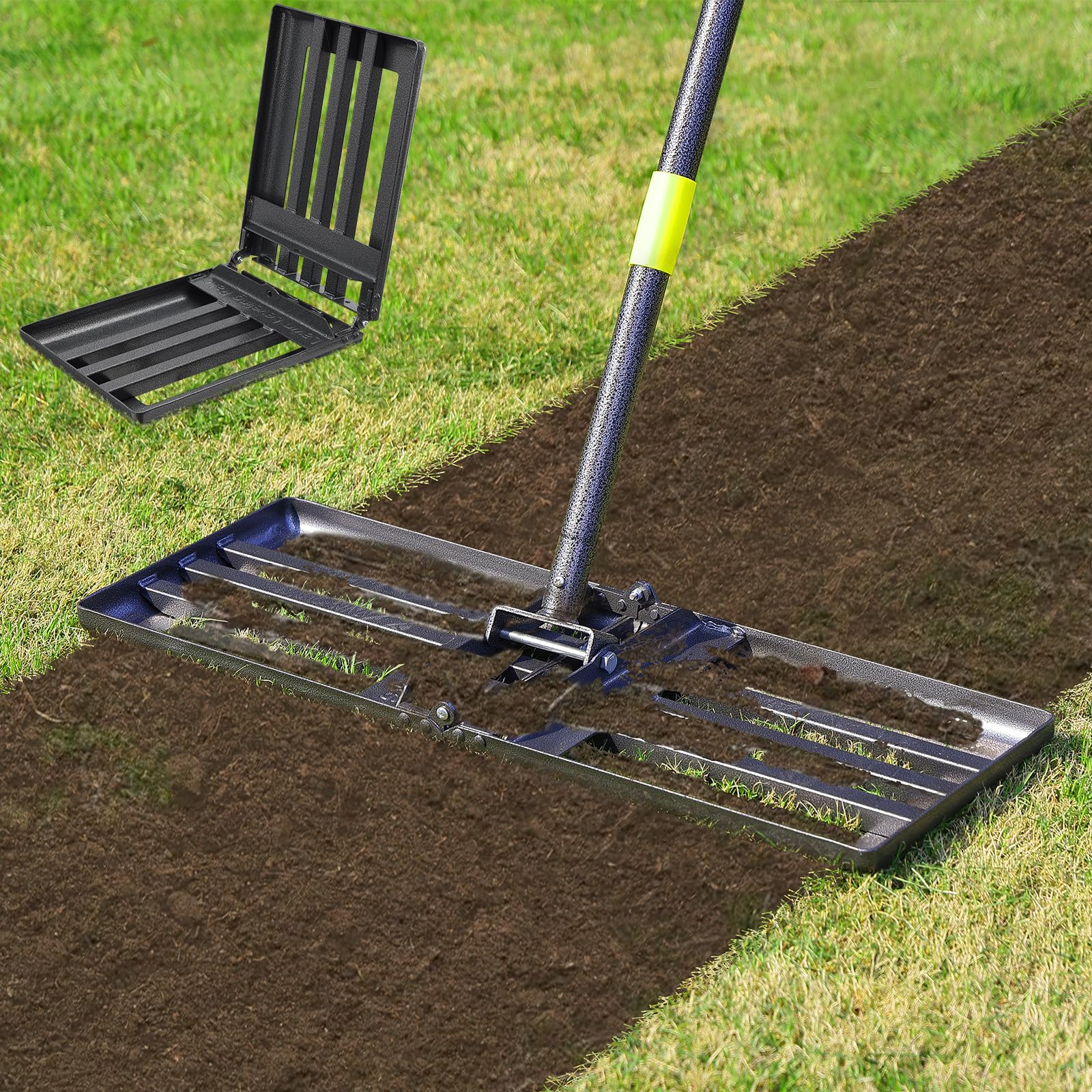 Photo 1 of Lawn Leveling Rake,Folding 30x10 Inch Ground Plate,70 Inch Adjustable Long Handle Yard Level Tool with Curved Edge,Heavy Duty Landscaping Lawn Leveler for Grass, Golf Field, Soil Sand Dirt Spreader
