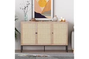 XIAO WEI Sideboard Buffet Cabinet with Handmade Natural Decorated Doors, Buffet Cabinet Rattan Cabinet, Sideboard Cabinet with Metal Legs for Living Room, Hallway, Entryway Natural 3 Doors