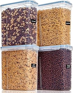 Vtopmart Cereal Storage Container Set, Extra Large BPA Free Plastic Airtight Food Storage Containers 213 fl oz for Cereal, Snacks and Sugar, 4 Piece Set Cereal Dispensers with 24 Labels, Blue