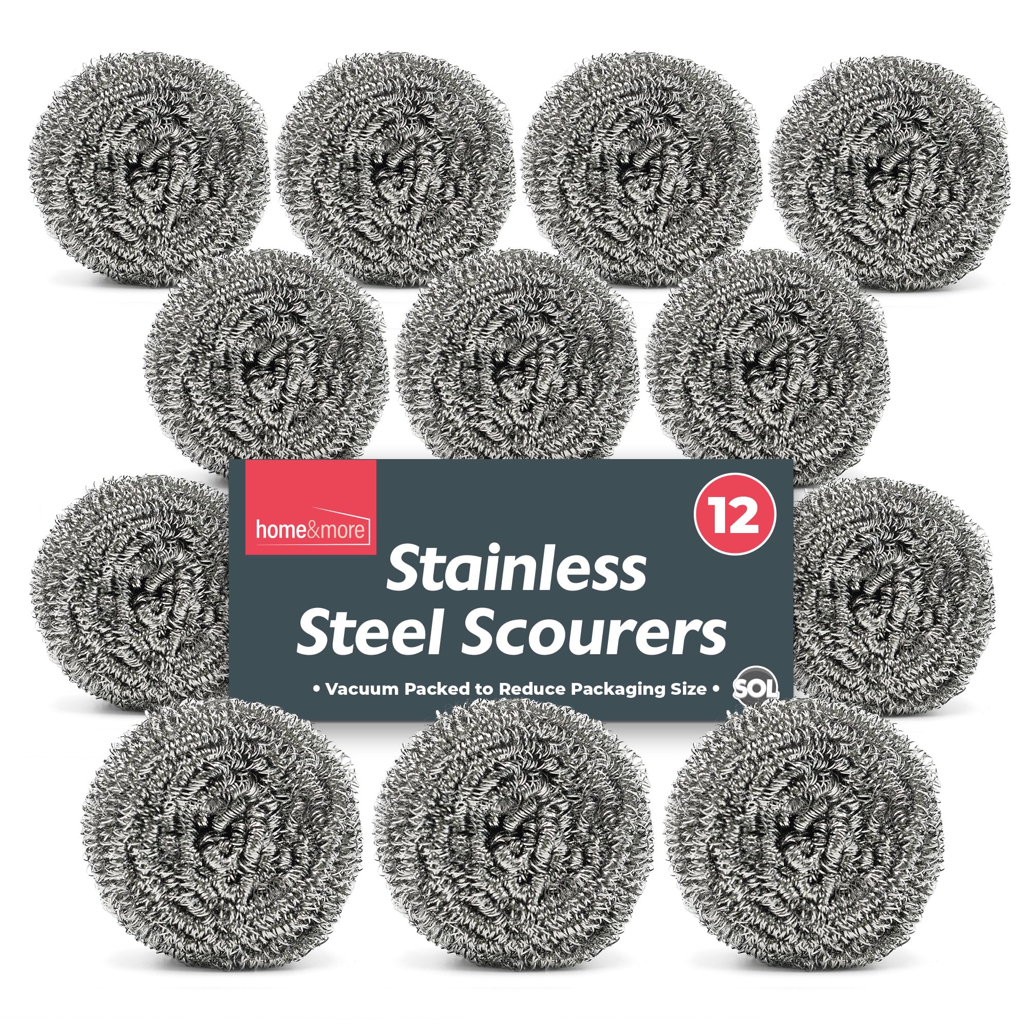 SOL 12pk Stainless Metal Scourers, 6cm x 2.5cm Washing Up Steel Wool Wire Scrubber, Durable & Rust-Resistant, Heavy-Duty Cleaning Pad for Kitchen, Cookware Pan,Grills, Multipurpose Cleaner