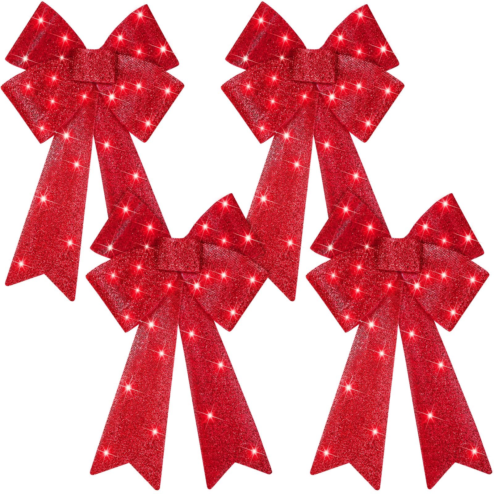 Photo 1 of WILLBOND 4 Pcs LED Christmas Wreaths Bow 24 x 12'' Red Bow Lighted Christmas Tree Toppers Decor Pre Lit Christmas Bow Decoration for Holiday Indoor Outdoor Home Decor