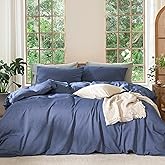 MooMee Bedding Duvet Cover Set 100% Washed Cotton Linen Like Textured Breathable Durable Soft Comfy (Heathered Blue, King 104"x90")