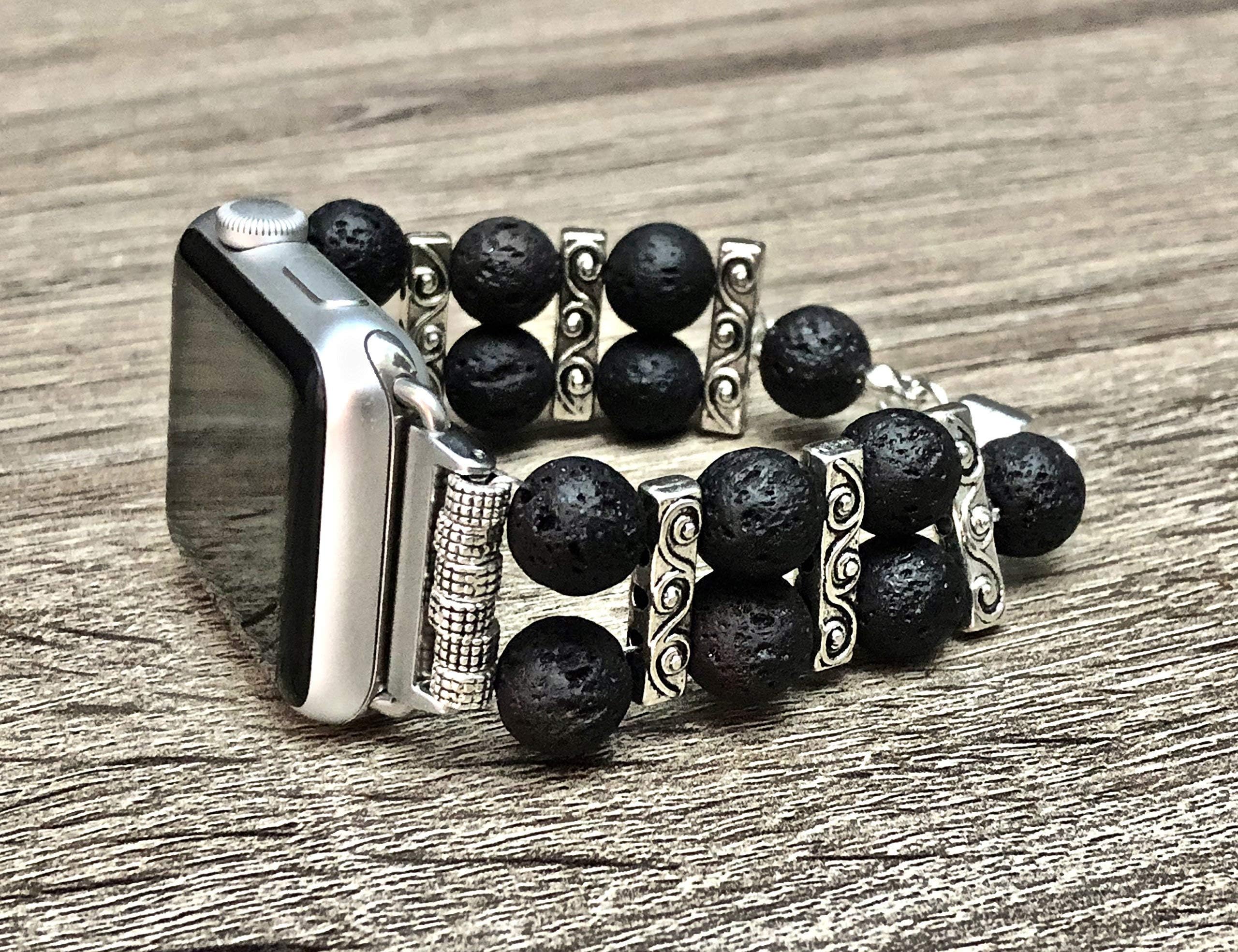 Luxury Lava Beads Replacement Apple Watch Band Series 5 4 3 2 1 38mm 40mm 42mm 44mm Handmade Natural Volcanic Stones iWatch Band Silver Metal Apple Watch Jewelry Fashion Bangle Apple iWatch Bracelet