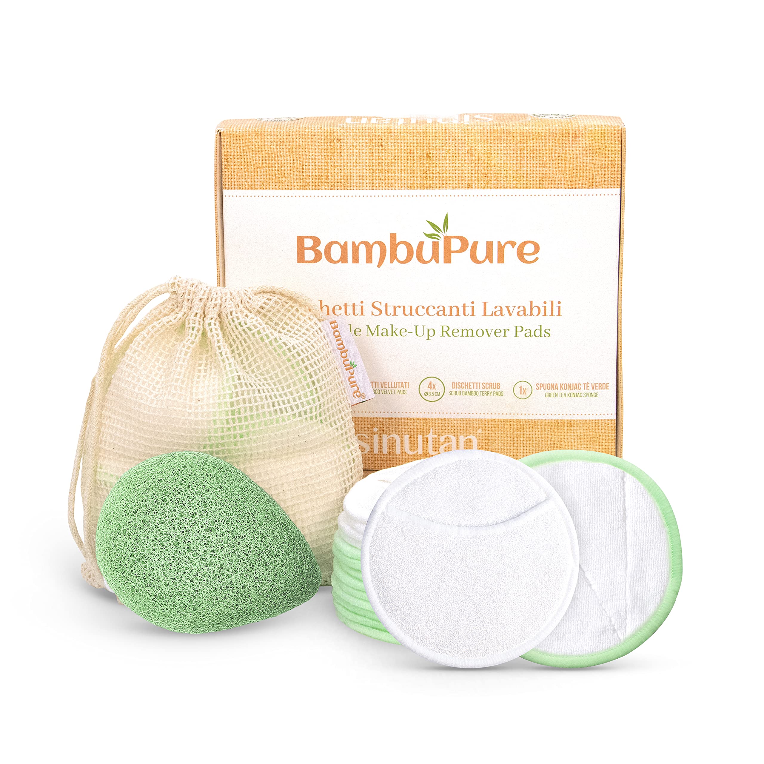 Reusable Makeup Remover Pads | 16 Washable Bamboo and Cotton Fiber Pads | Zero Waste Makeup Removal | Eco-Friendly | 1 Free Konjac Face Sponge | SINUTAN