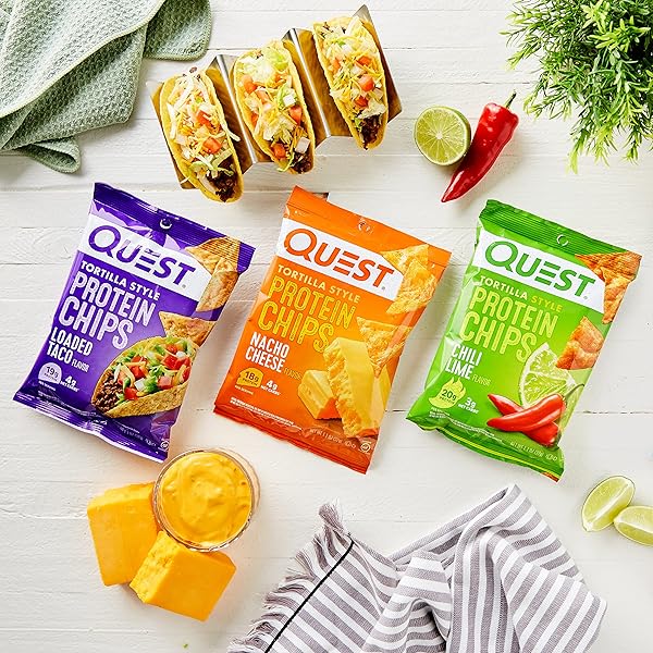 QUEST NUTRITION TORTILLA STYLE PROTEIN CHIPS VARIETY PACK, CHILI LIME, NACHO CHEESE, LOADED TACO, LOW CARB, HIGH PROTEIN, GLUTEN FREE, 1.1 OZ (PACK OF 12)