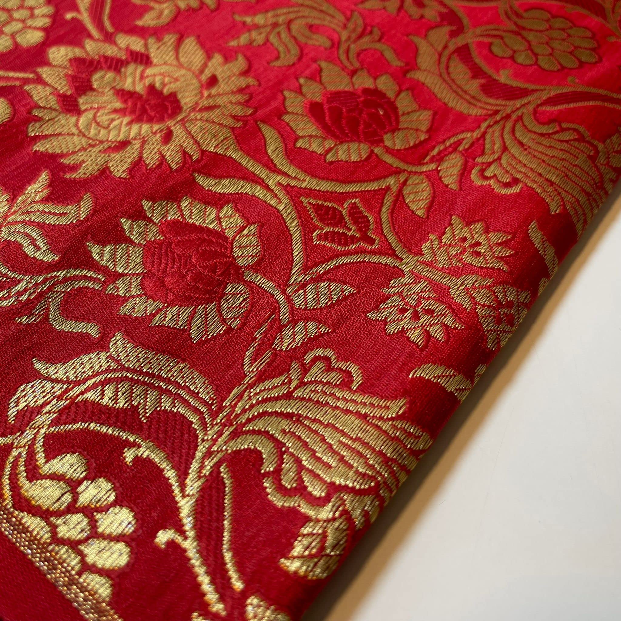 Textile Station Ornamental Damask Floral Gold Metallic Print Indian Banarasi Brocade Fabric (Pre Cut) Available in 9 Colours (RED)