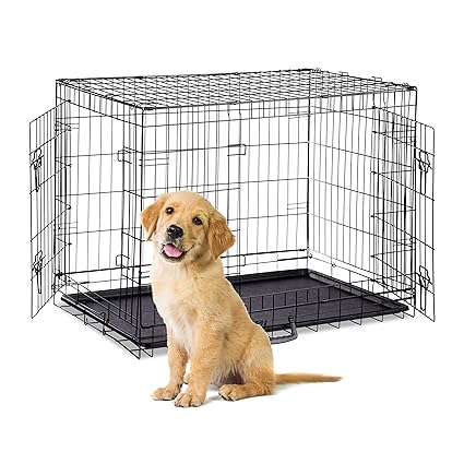 Relaxdays Hundekäfig, Faltbare Hundetransportbox, Welpenkäfig, 2 Türen, Bodenschale, Drahtkäfig Metall, S-XXXL, Schwarz