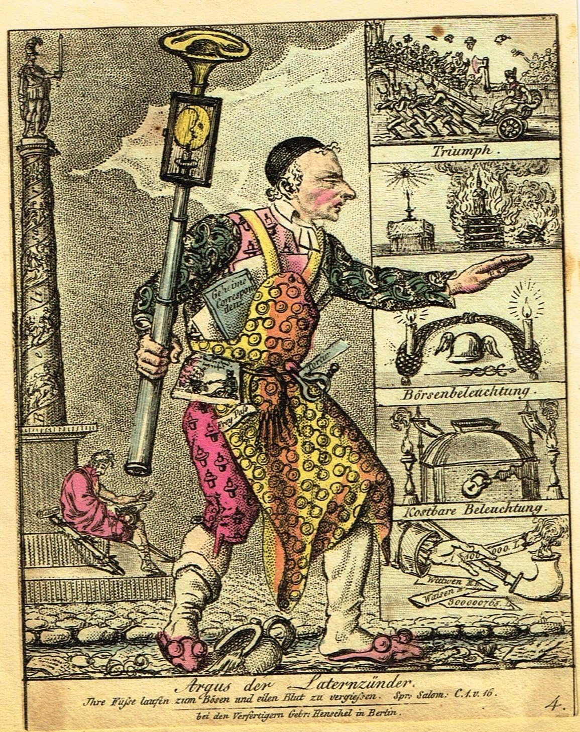Miniature from Germany - ARGUS DER LATERNZUNDER - Hand-Colored Engraving - c1830